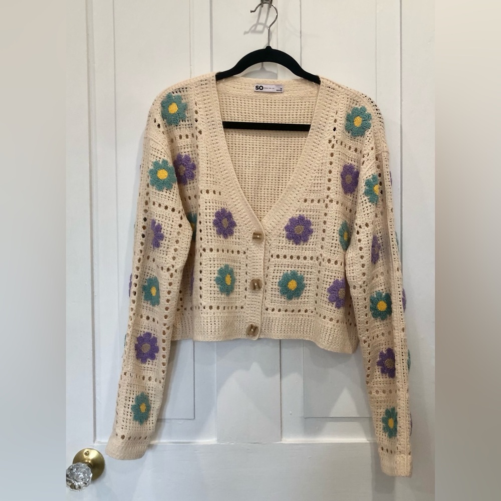 SO Cream Floral Y2K Granny Square Knit Cardigan | Medium - Picture 1 of 4